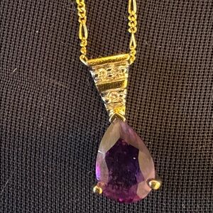 10k Elegant real Gold 16 inch figaro Necklace 14k amethyst and diamond real nat
